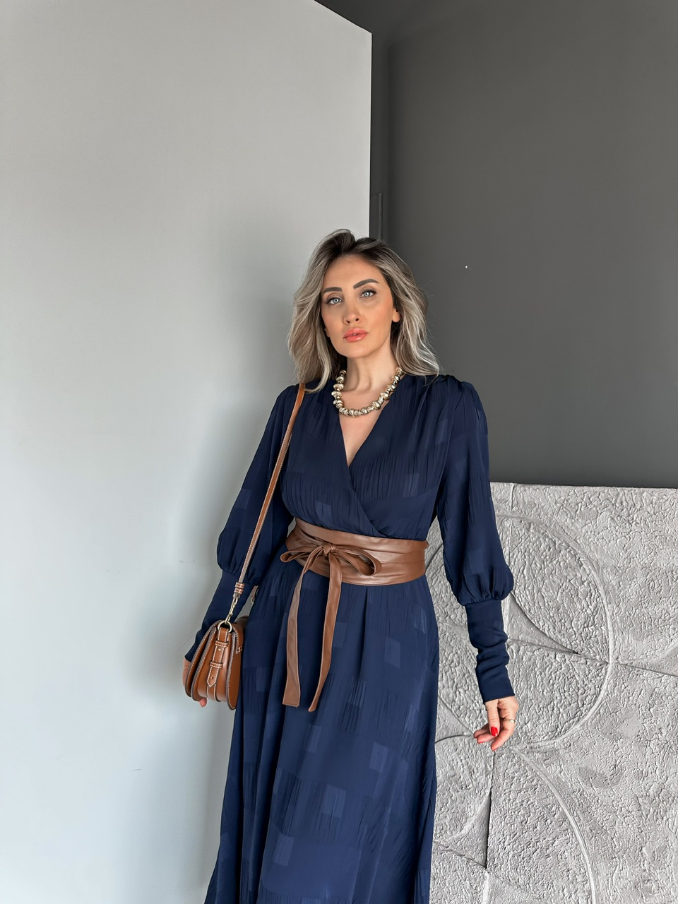 Lacivert Beli Deri Kemerli Şifon Elbise