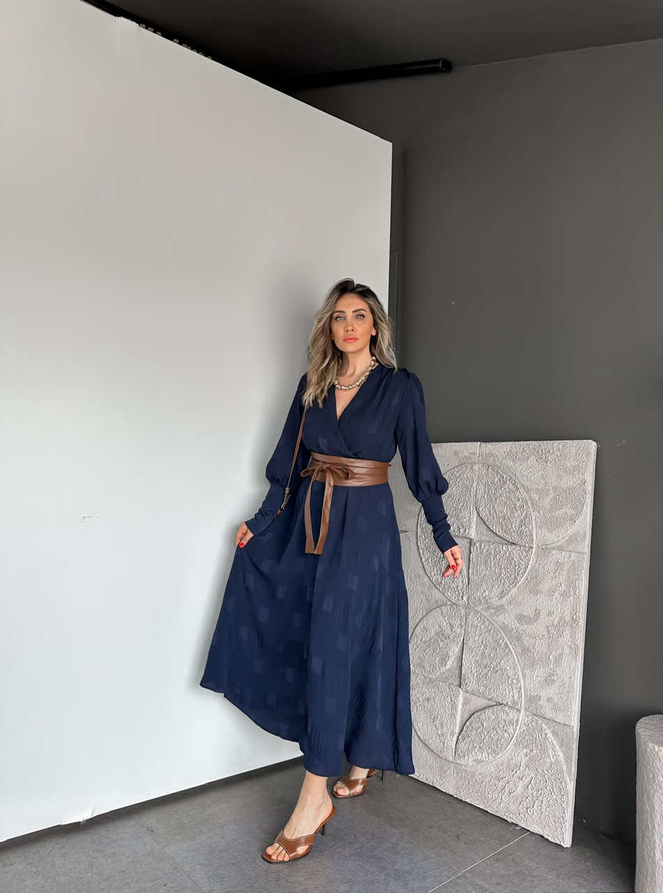 Lacivert Beli Deri Kemerli Şifon Elbise