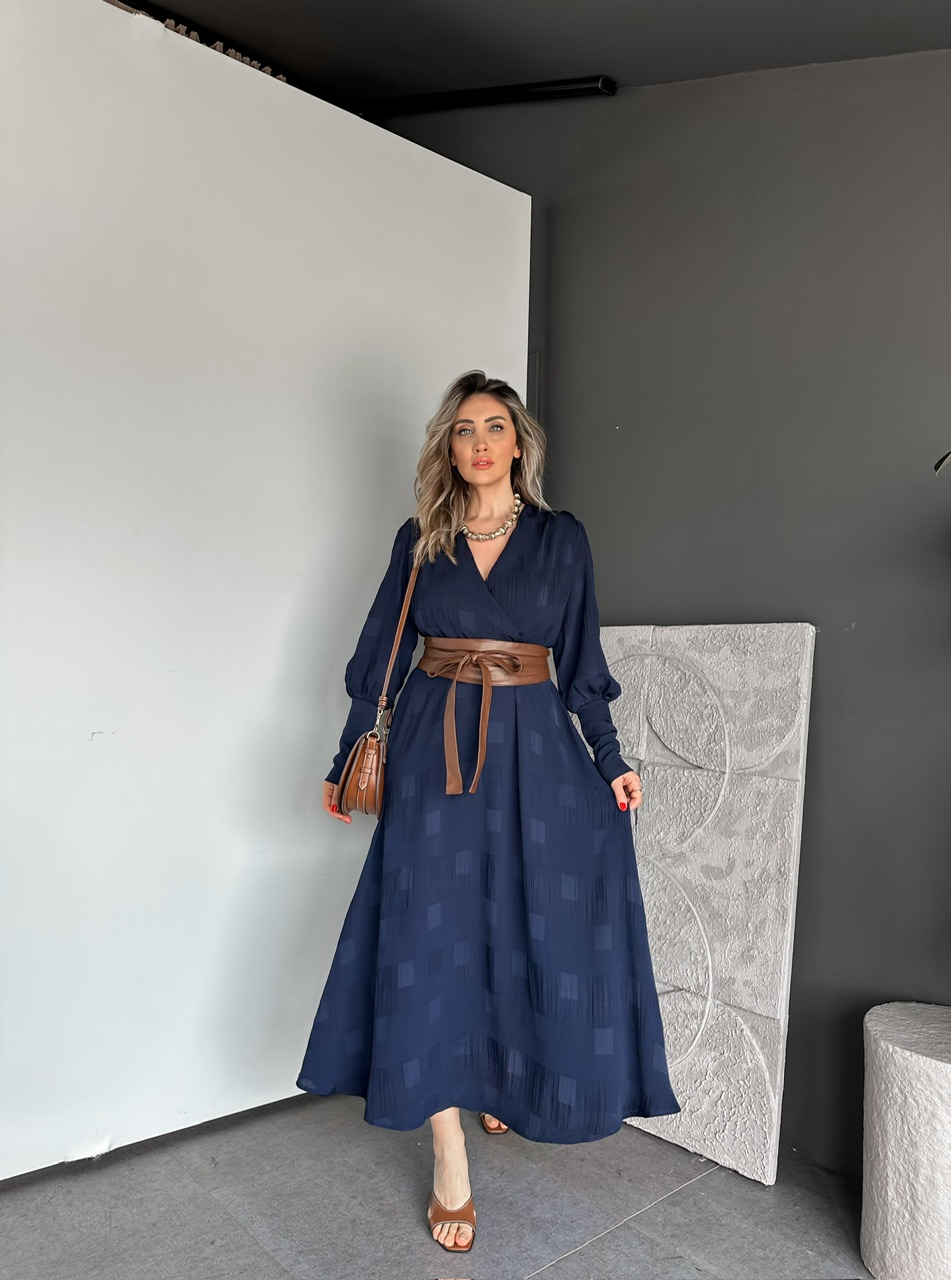 Lacivert Beli Deri Kemerli Şifon Elbise