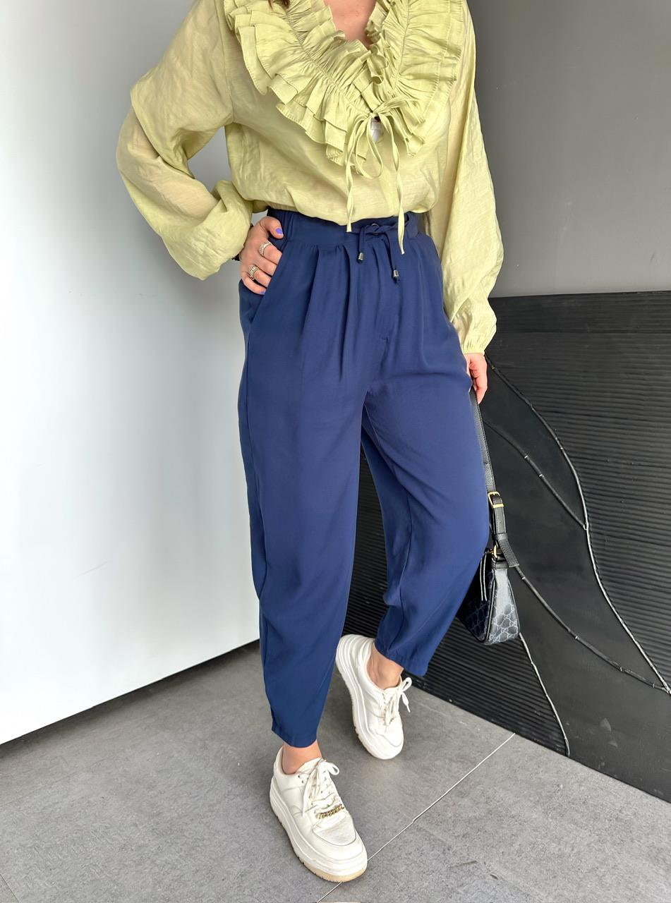 Lacivert Beli Lastikli Basic Bol Pantolon