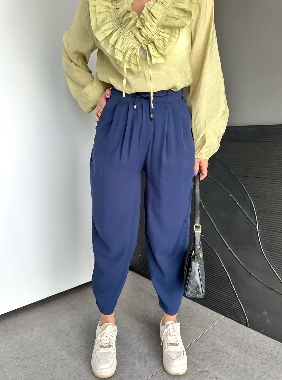 Lacivert Beli Lastikli Basic Bol Pantolon