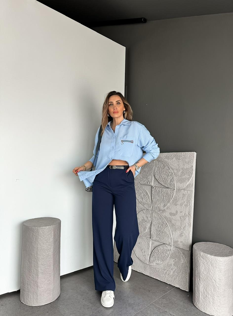Lacivert Beli Lastikli Kemerli Bol Pantolon
