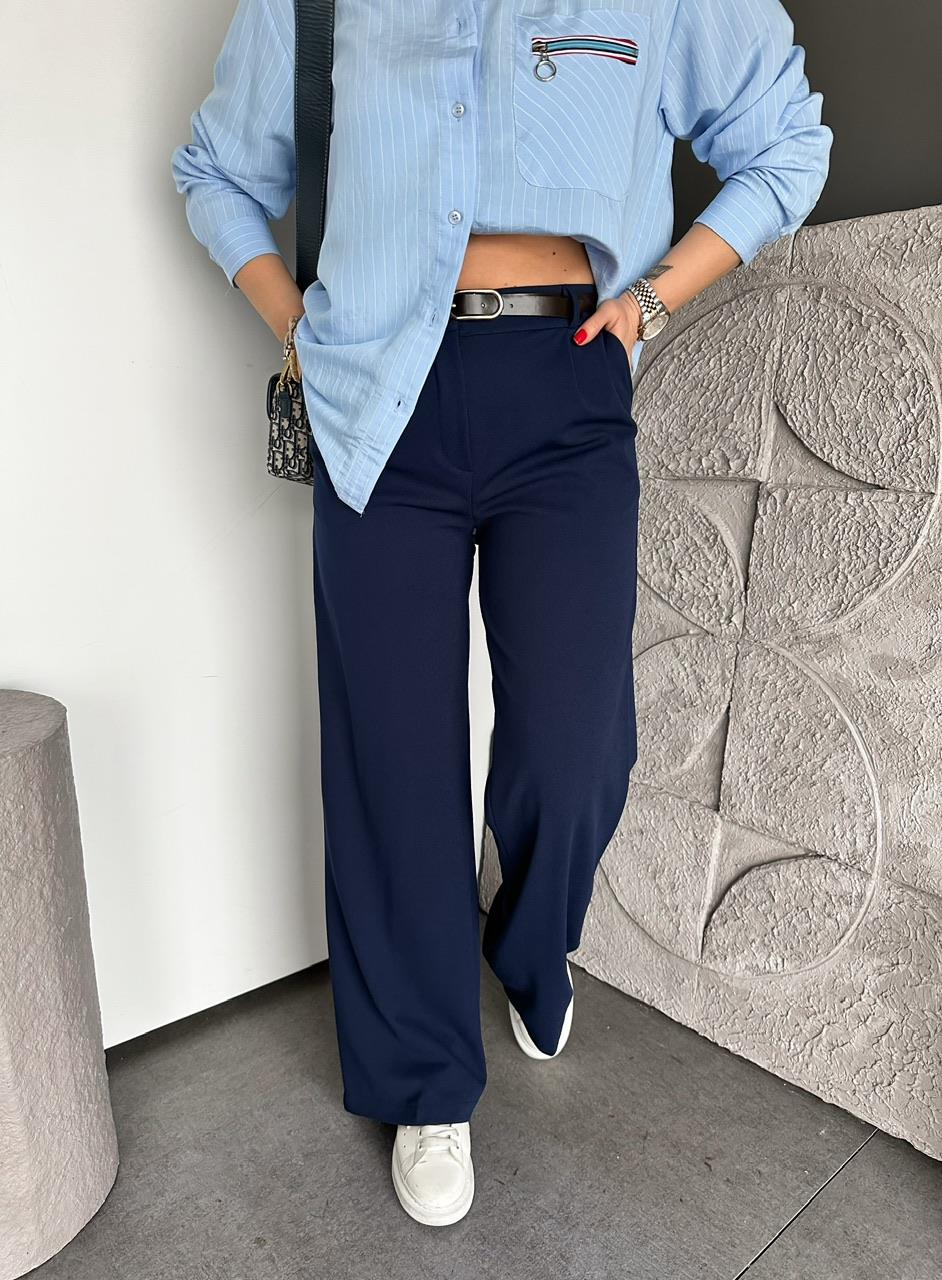 Lacivert Beli Lastikli Kemerli Bol Pantolon