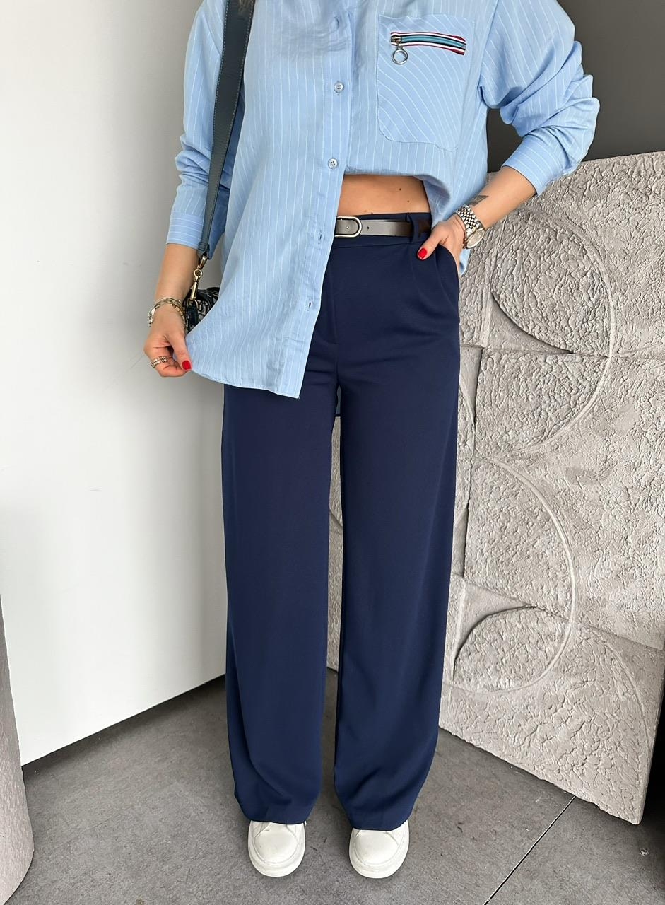 Lacivert Beli Lastikli Kemerli Bol Pantolon