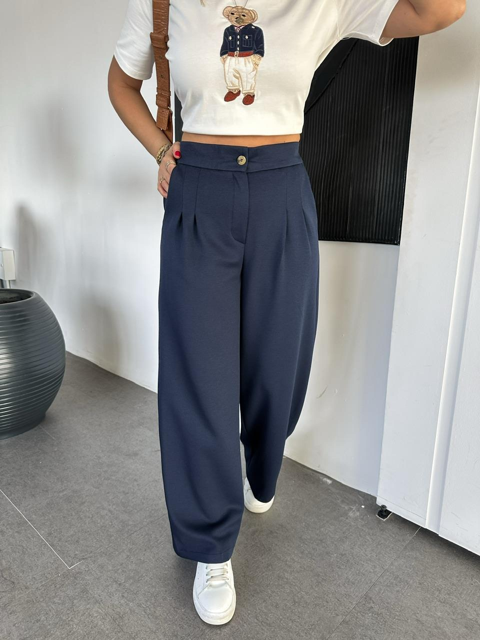 Lacivert Beli Lastikli Modal Bol Pantolon