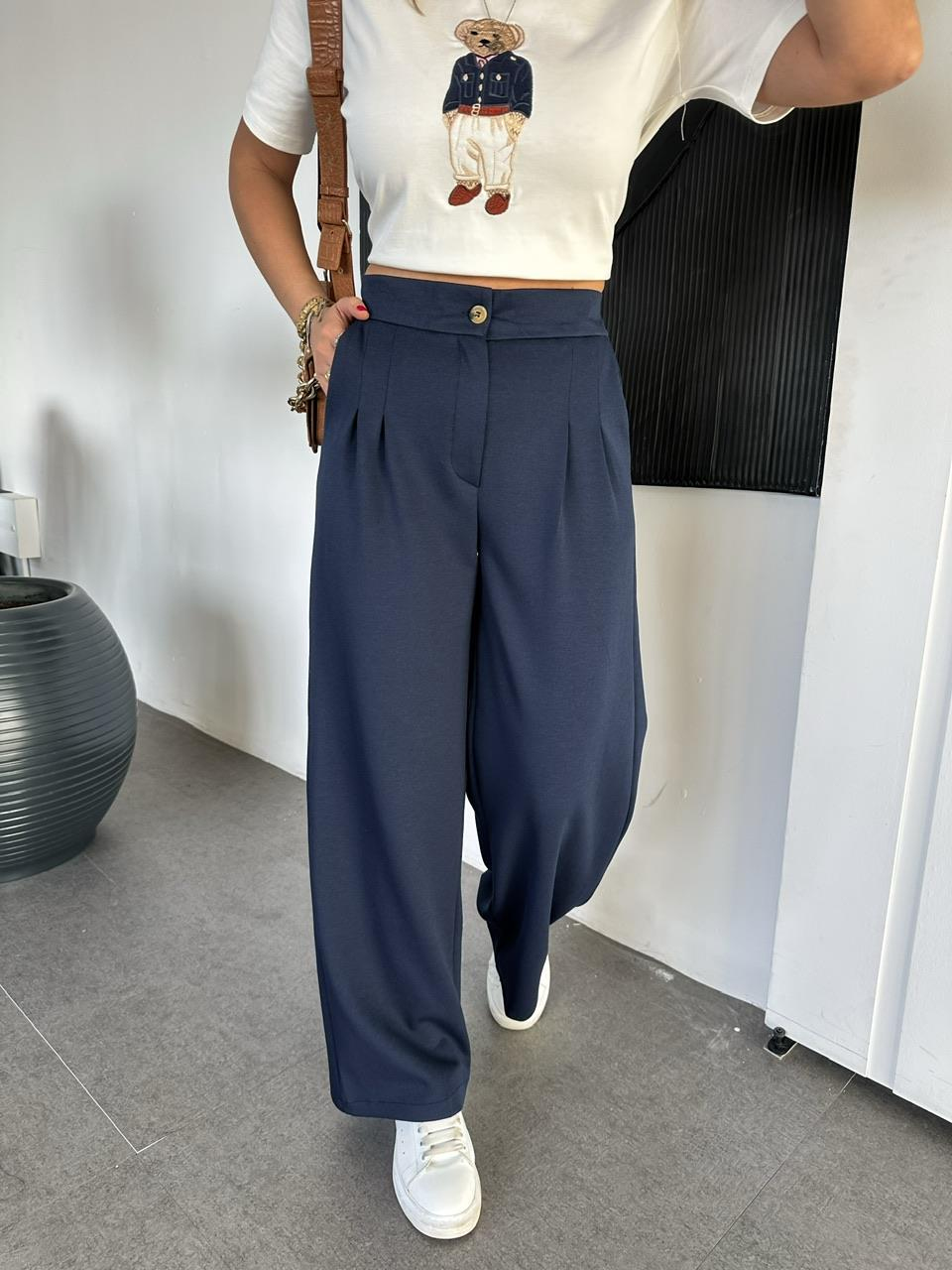 Lacivert Beli Lastikli Modal Bol Pantolon