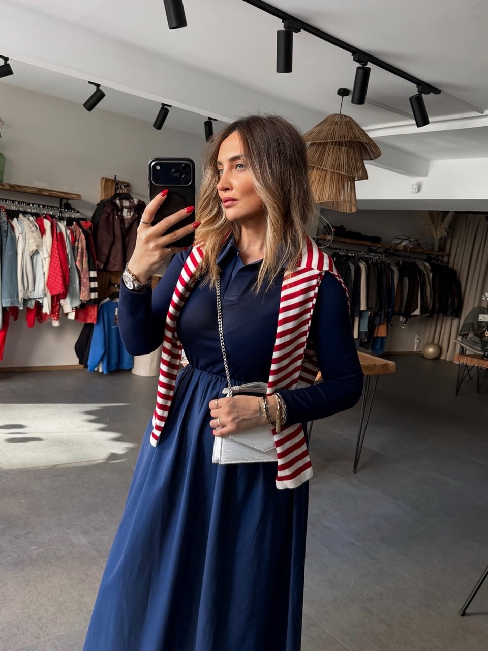 Lacivert Beli Lastikli Uzun Kollu Elbise