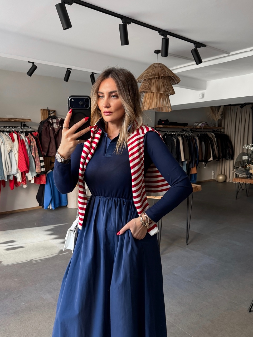 Lacivert Beli Lastikli Uzun Kollu Elbise