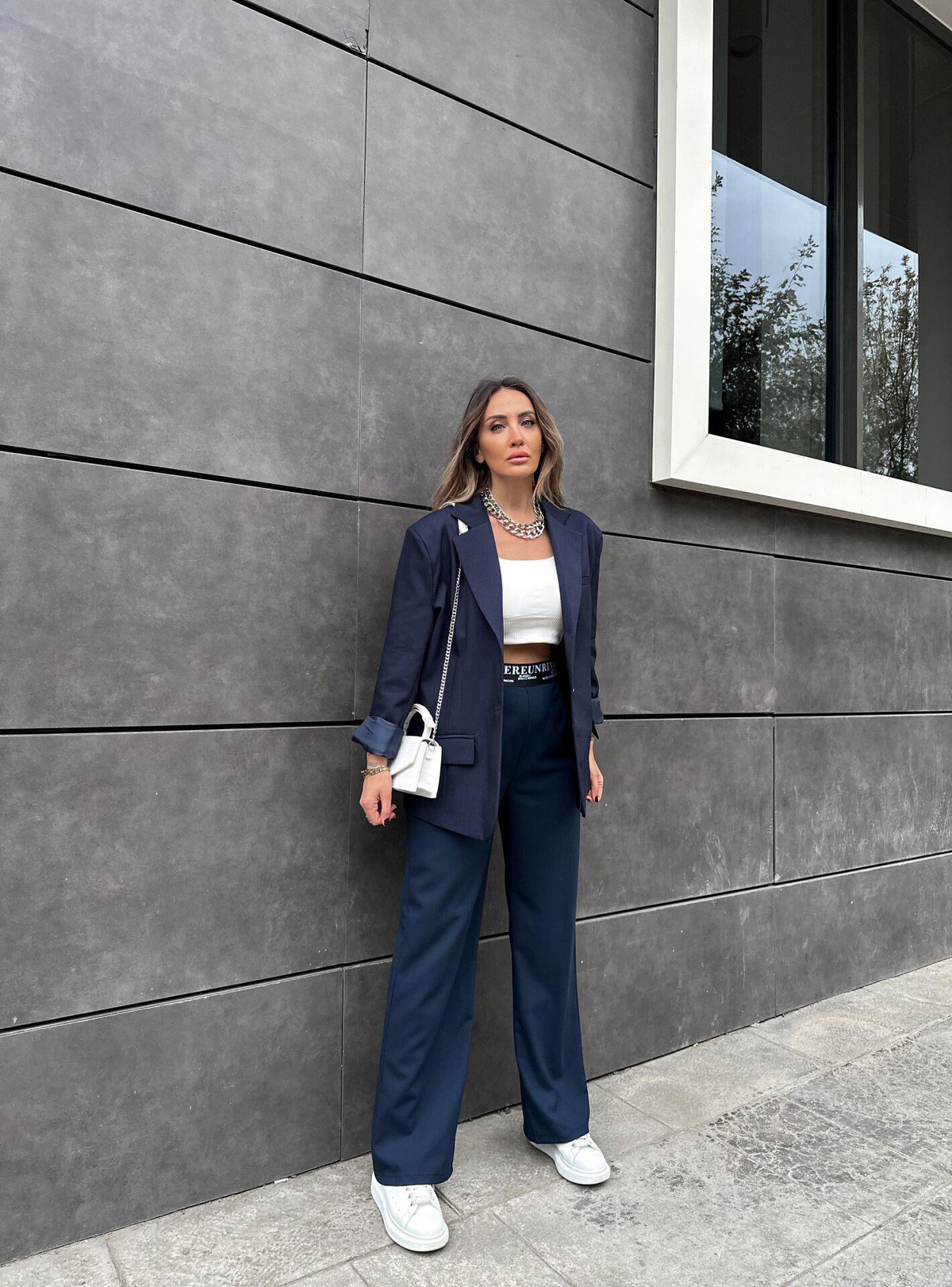 Lacivert Beli Yazılı Bol Pantolon