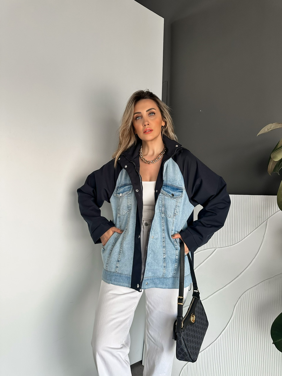 Lacivert Büzülebilir Oversize Ceket