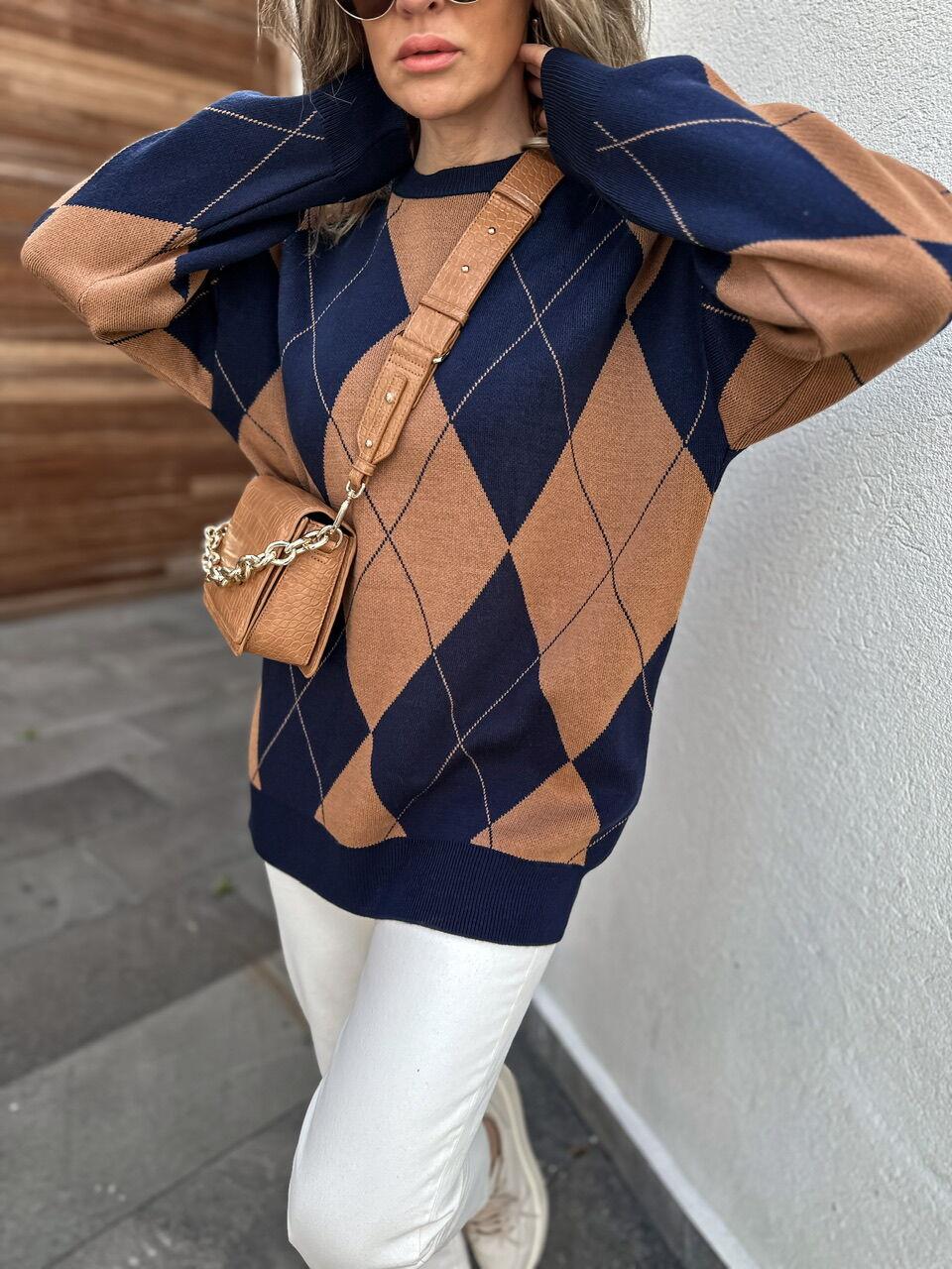 Lacivert Camel Baklava Desenli Kazak