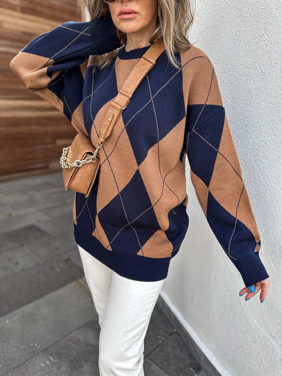 Lacivert Camel Baklava Desenli Kazak