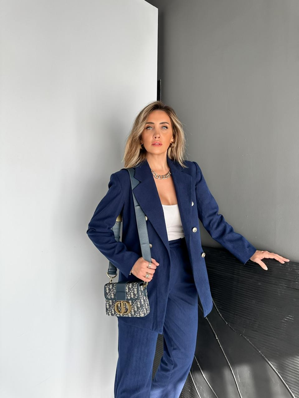 Lacivert Ceket Pantolon Fitilli Kadife Takım