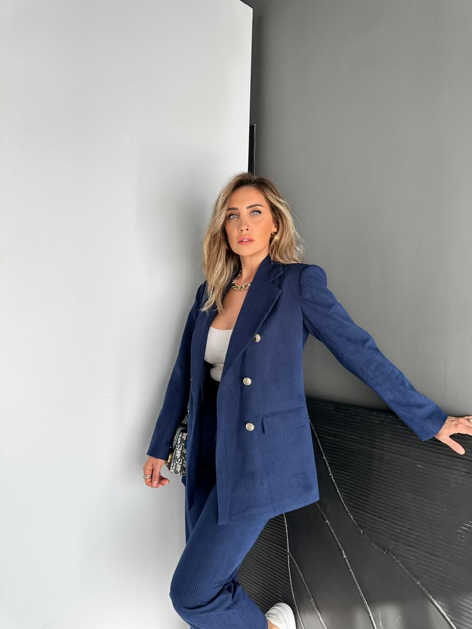 Lacivert Ceket Pantolon Fitilli Kadife Takım