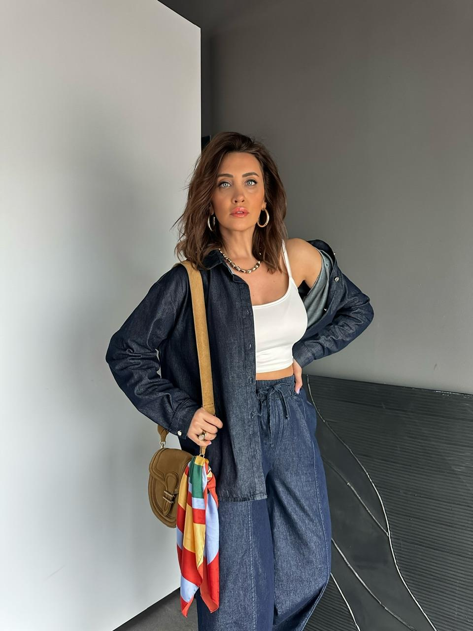 Lacivert Cep Detaylı Denim Gömlek