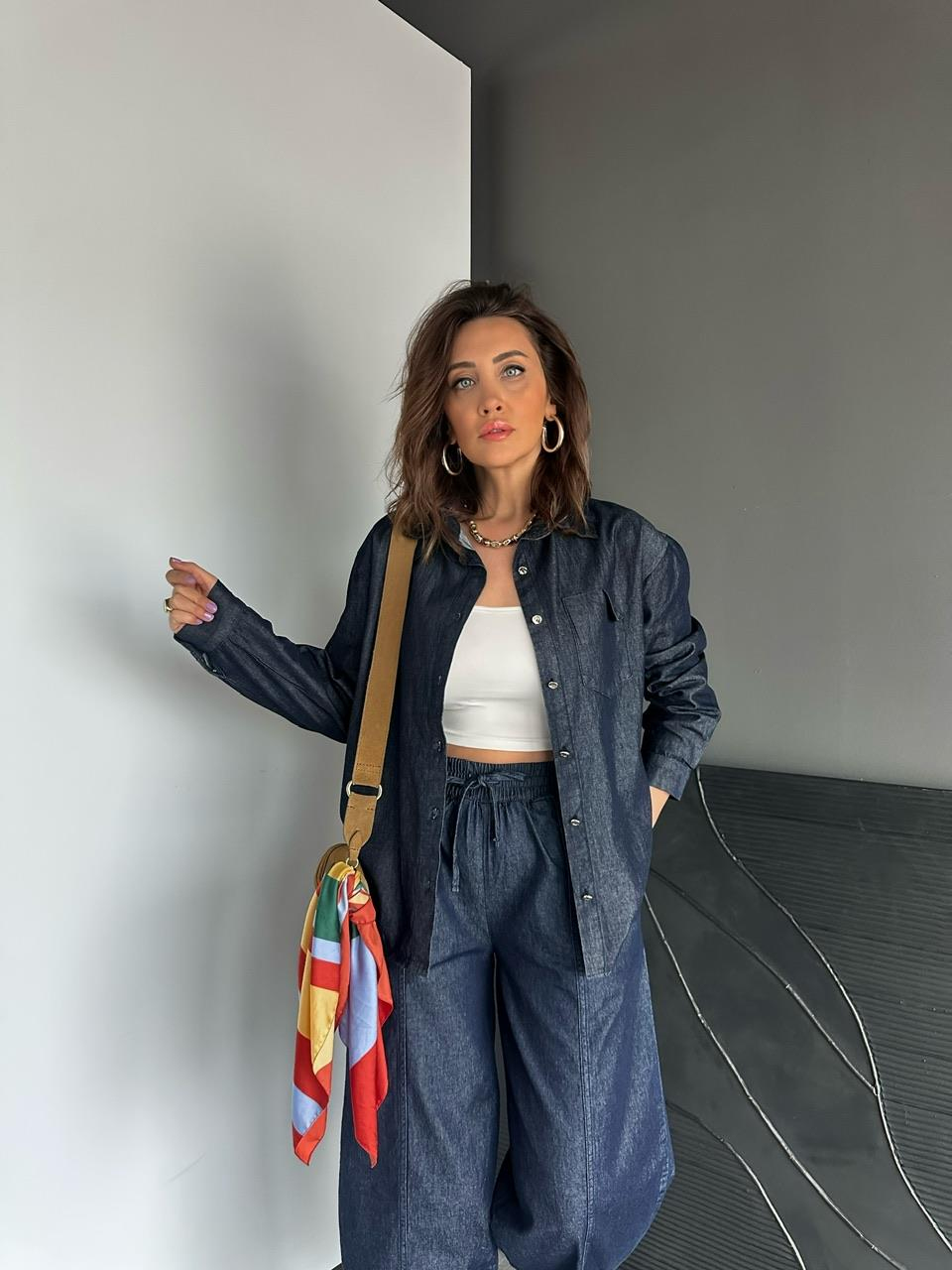 Lacivert Cep Detaylı Denim Gömlek
