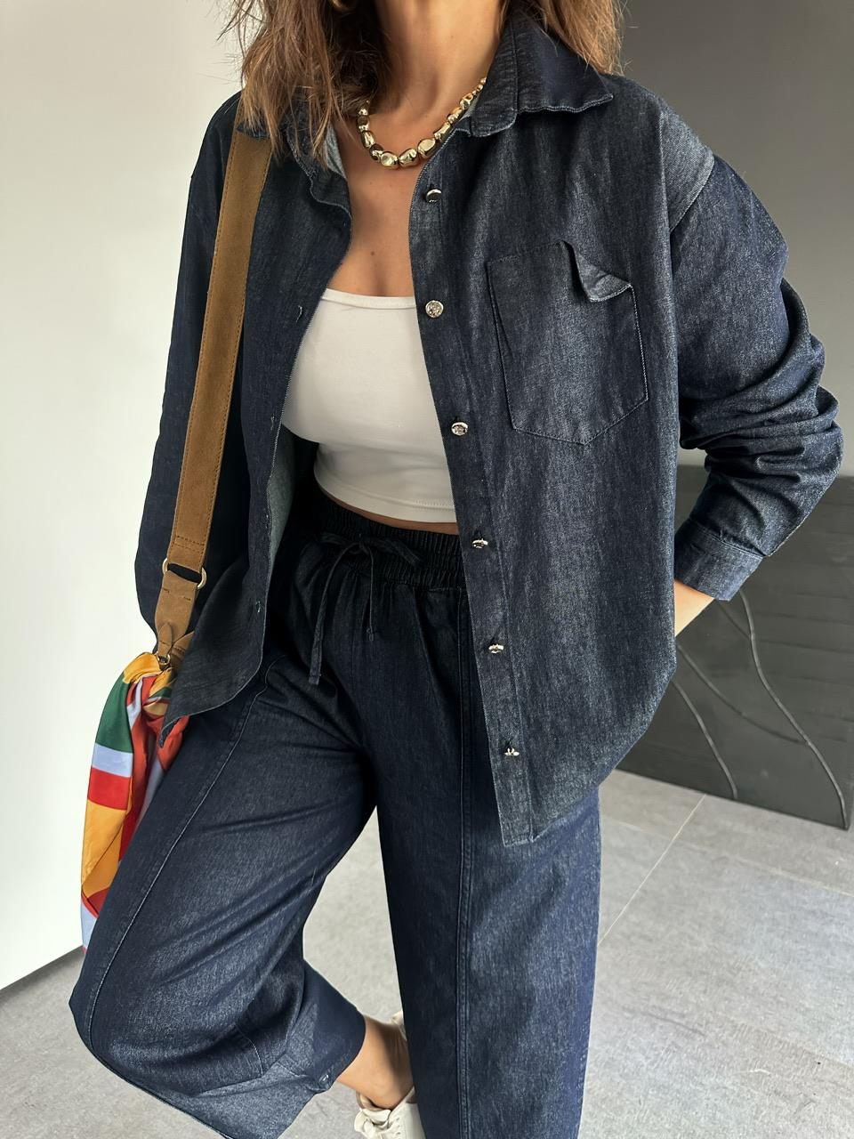 Lacivert Cep Detaylı Denim Gömlek