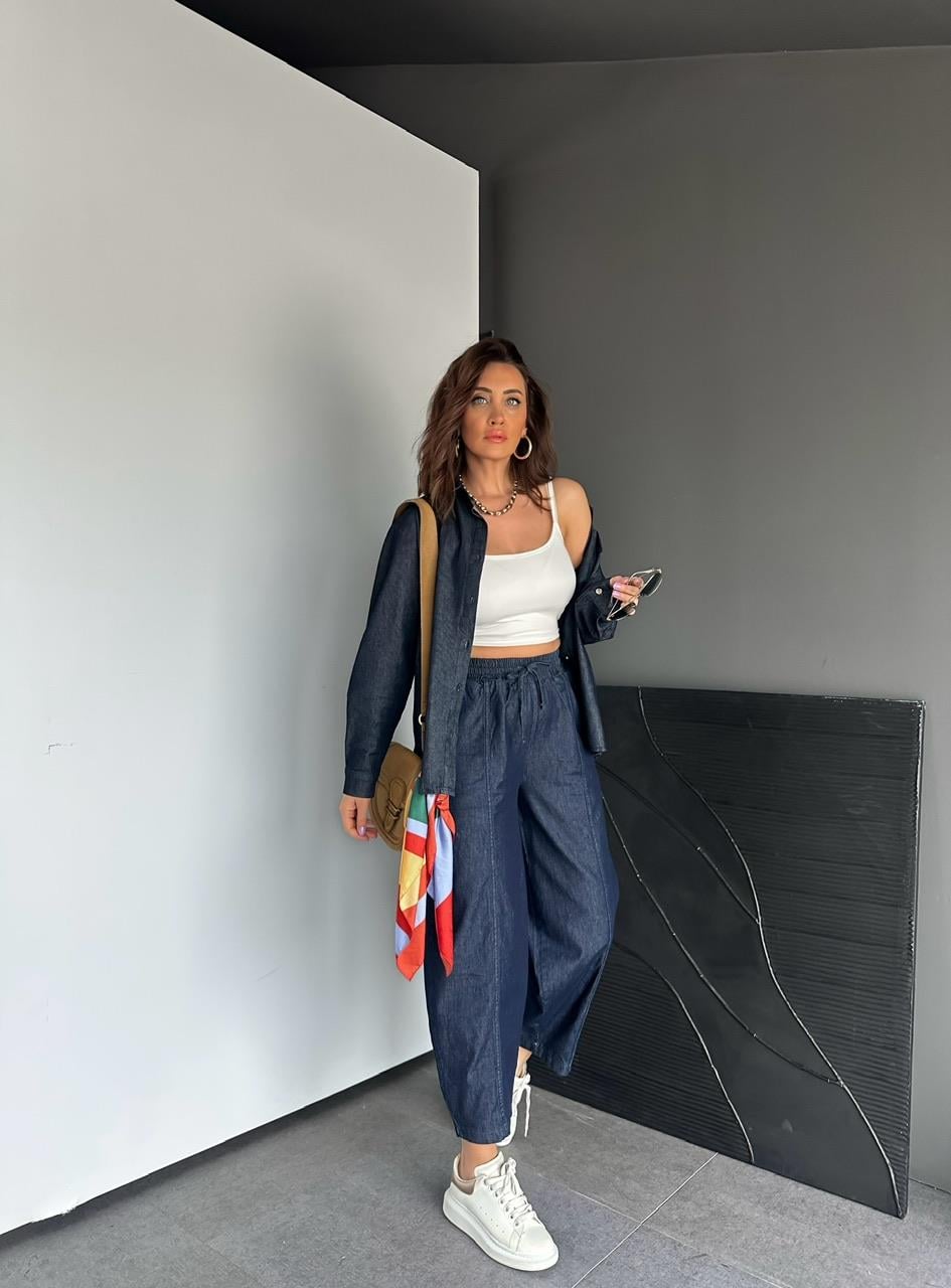 Lacivert Cep Detaylı Denim Gömlek