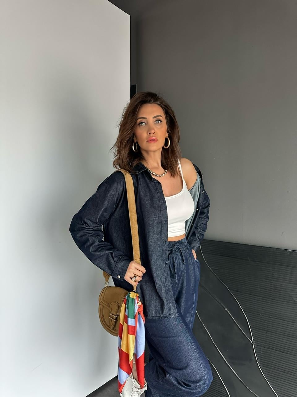 Lacivert Cep Detaylı Denim Gömlek