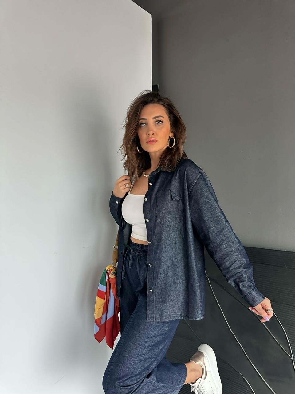 Lacivert Cep Detaylı Denim Gömlek