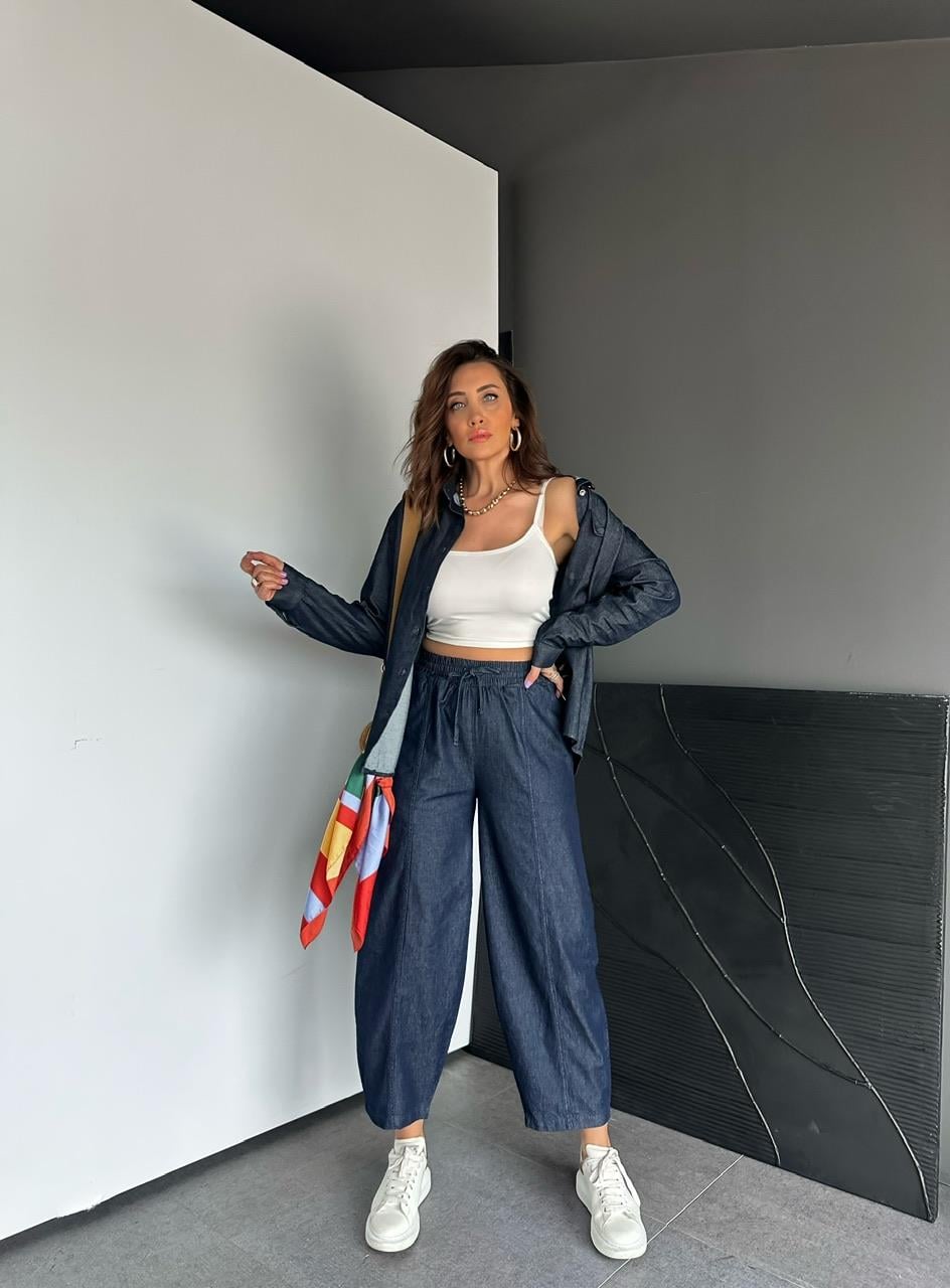 Lacivert Cep Detaylı Denim Gömlek