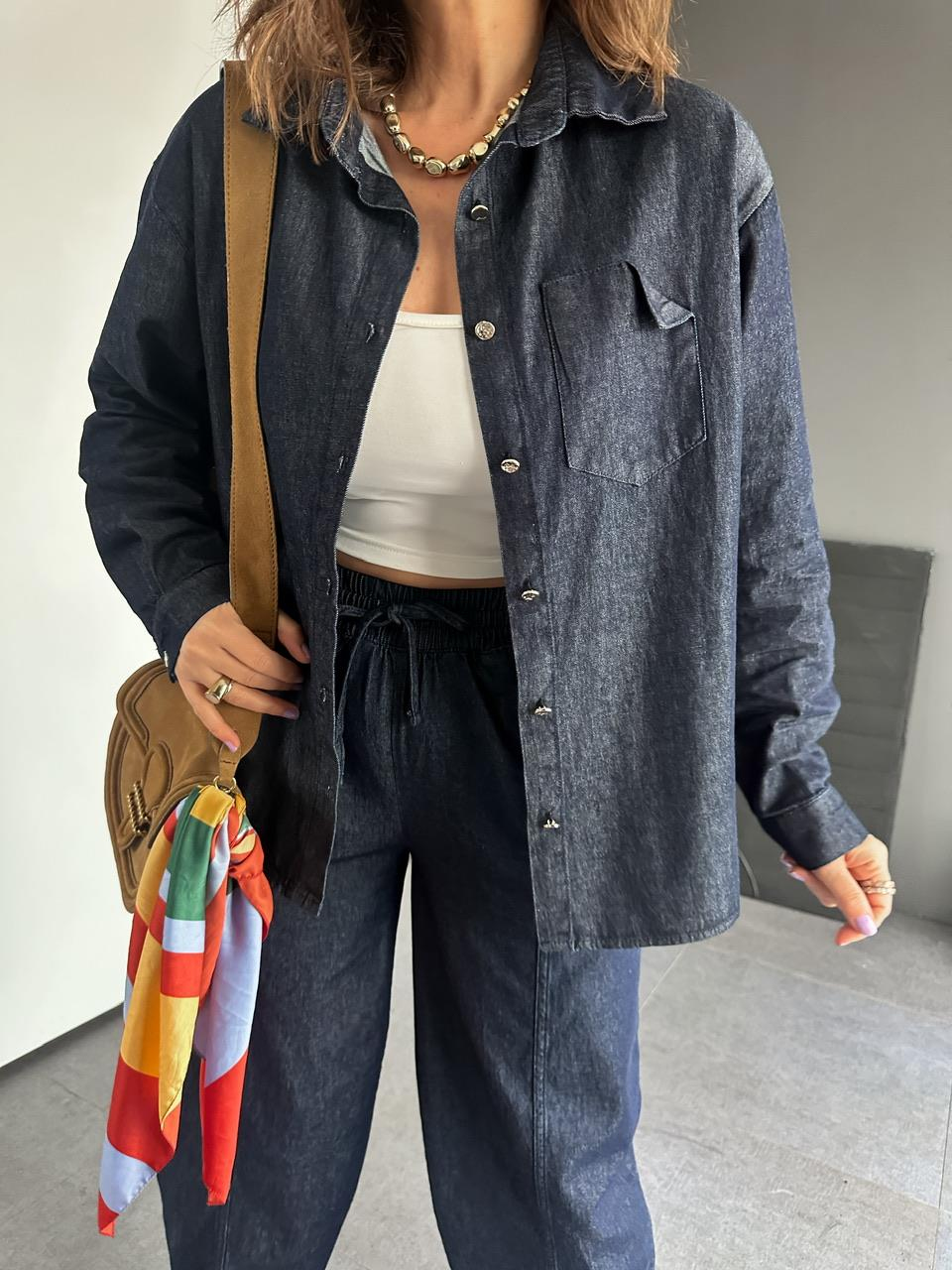 Lacivert Cep Detaylı Denim Gömlek