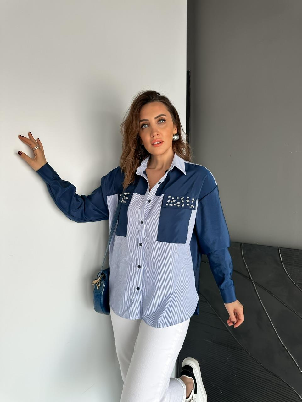 Lacivert Cepleri Taşlı Tasarım Gömlek