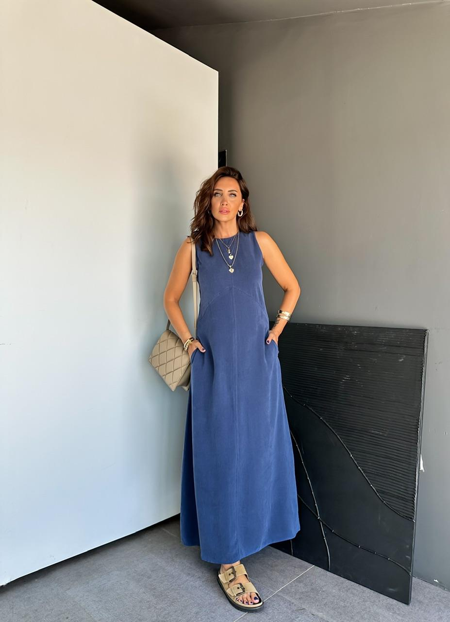 Lacivert Cepli Maxi Modal Elbise
