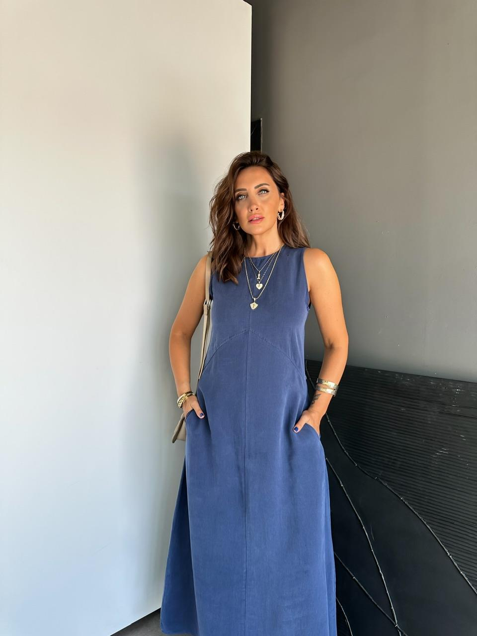 Lacivert Cepli Maxi Modal Elbise