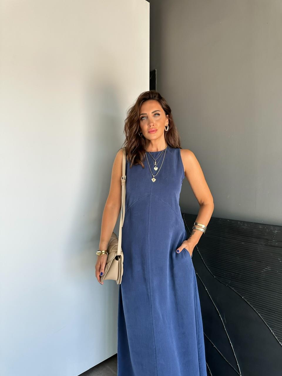 Lacivert Cepli Maxi Modal Elbise