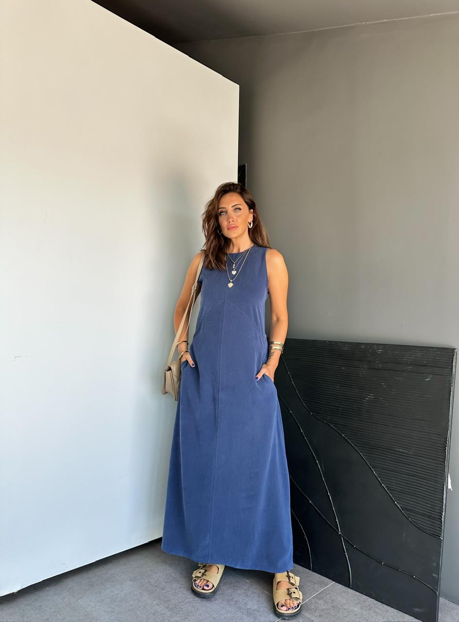 Lacivert Cepli Maxi Modal Elbise