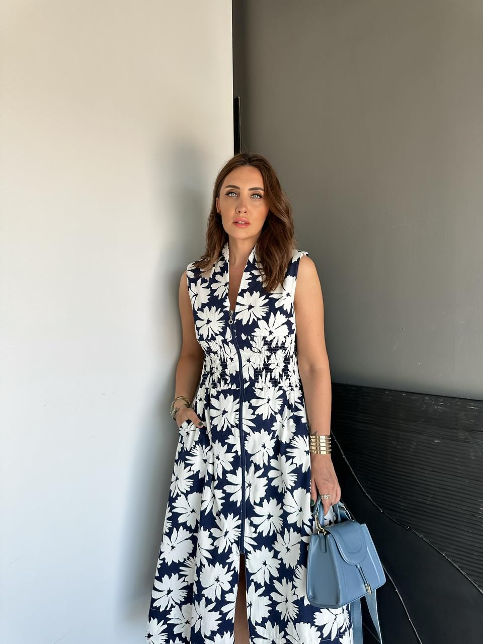 Lacivert Çiçekli Fermuarlı Gipeli Elbise