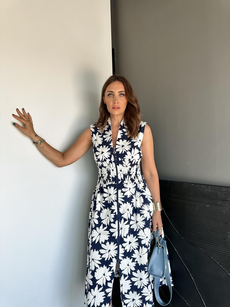 Lacivert Çiçekli Fermuarlı Gipeli Elbise
