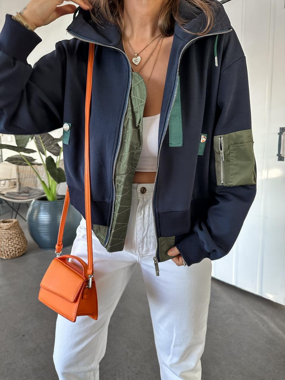 Lacivert Çitf Katlı Fermuarlı Tasarım Sweatshirt