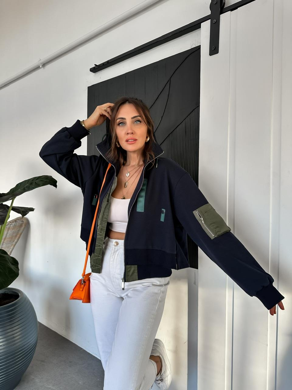 Lacivert Çitf Katlı Fermuarlı Tasarım Sweatshirt