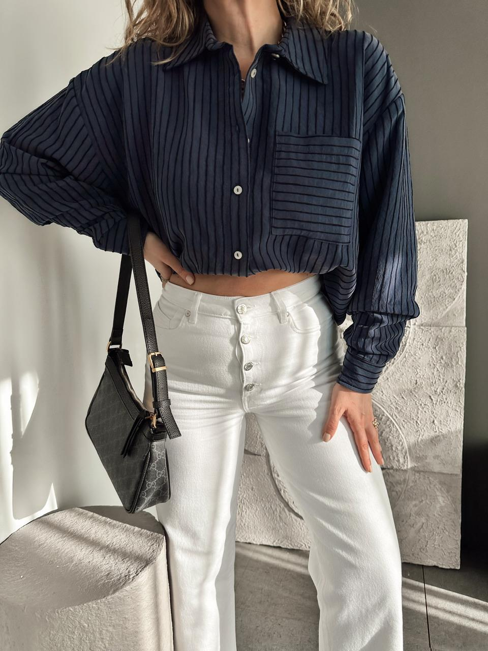Lacivert Çizgi Dokulu Oversize Gömlek