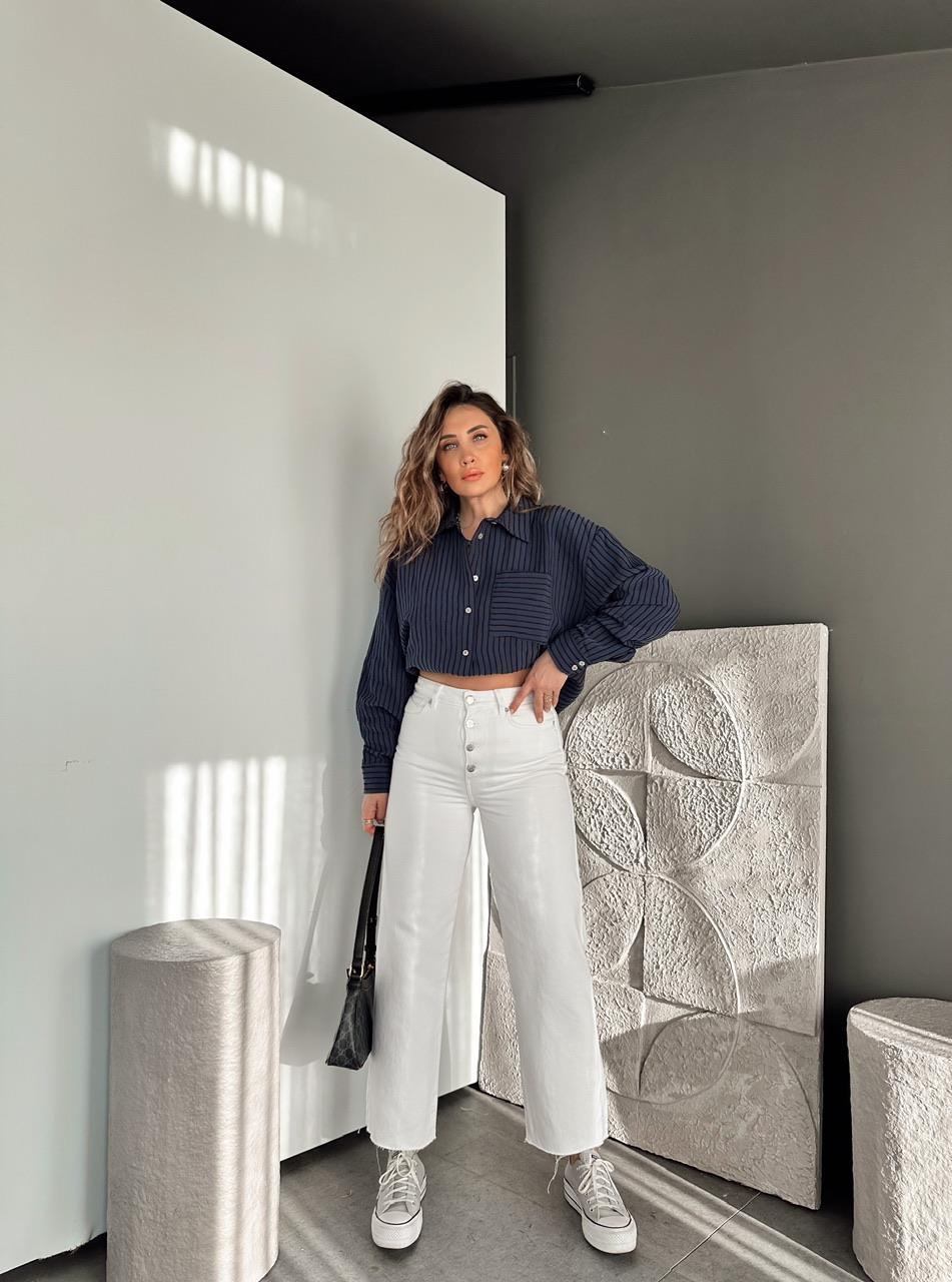 Lacivert Çizgi Dokulu Oversize Gömlek
