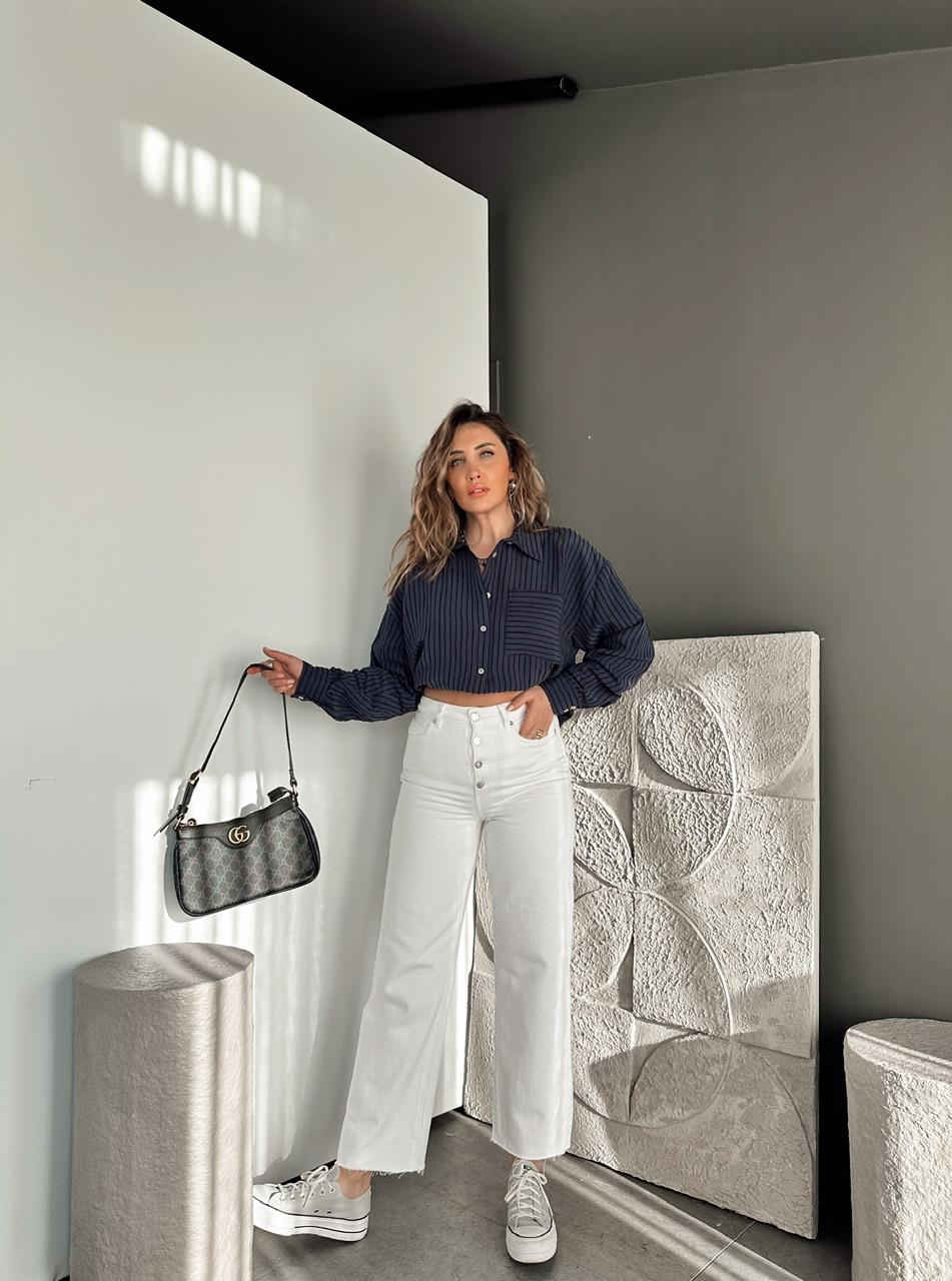 Lacivert Çizgi Dokulu Oversize Gömlek