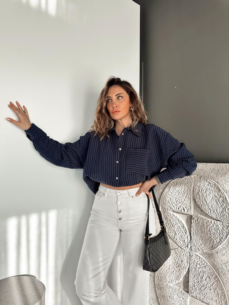 Lacivert Çizgi Dokulu Oversize Gömlek
