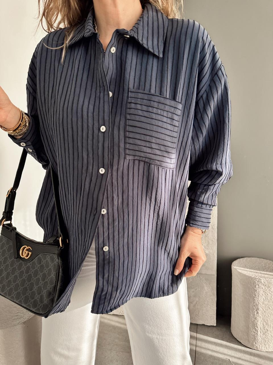 Lacivert Çizgi Dokulu Oversize Gömlek