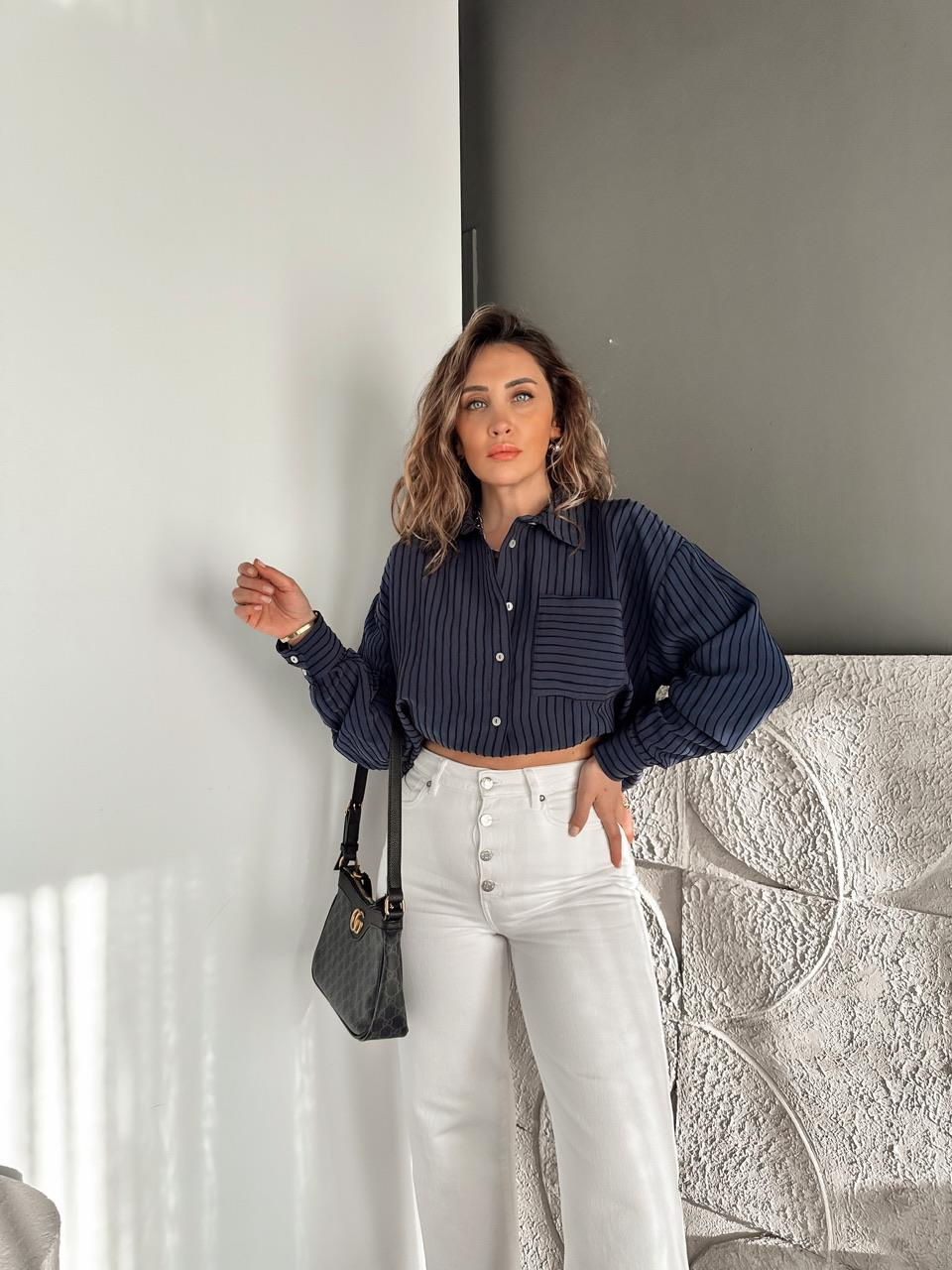 Lacivert Çizgi Dokulu Oversize Gömlek