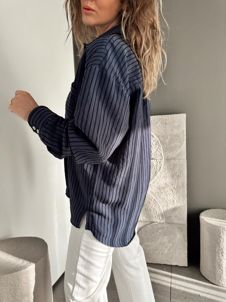 Lacivert Çizgi Dokulu Oversize Gömlek