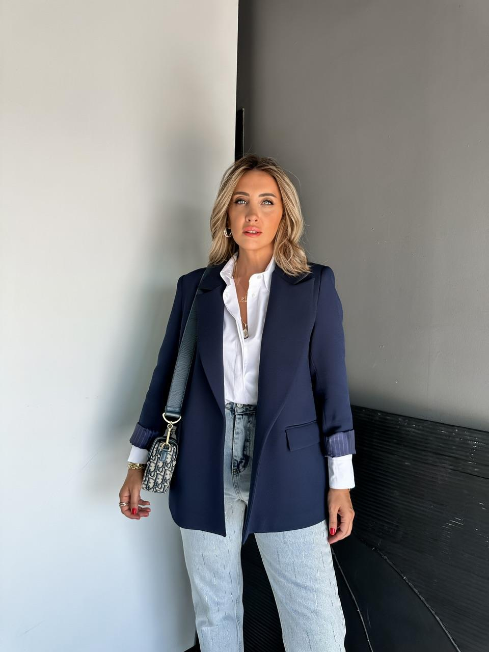 Lacivert Çizgili Astarlı Premium Ceket