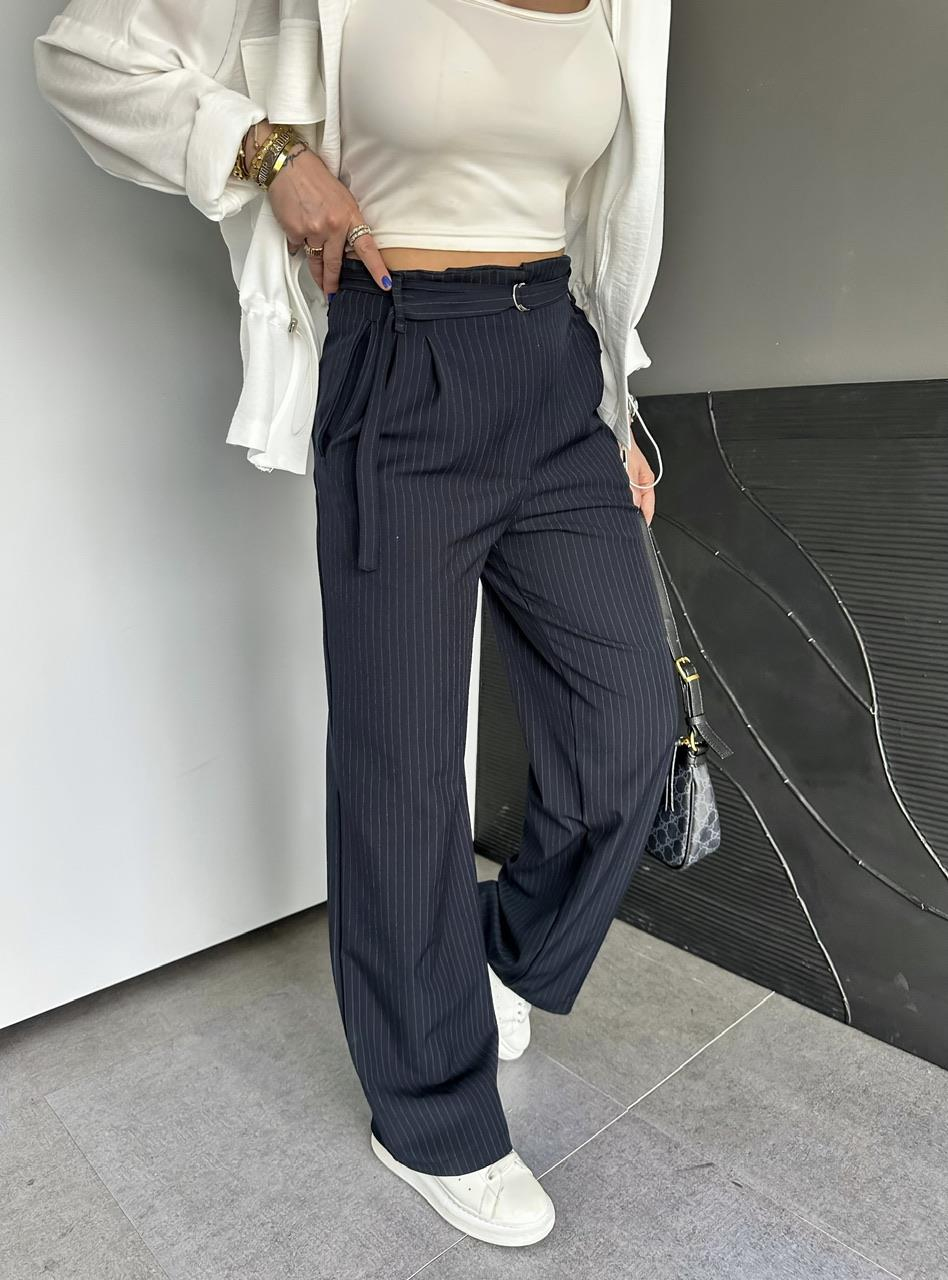 Lacivert Çizgili Beli Kemerli Pantolon
