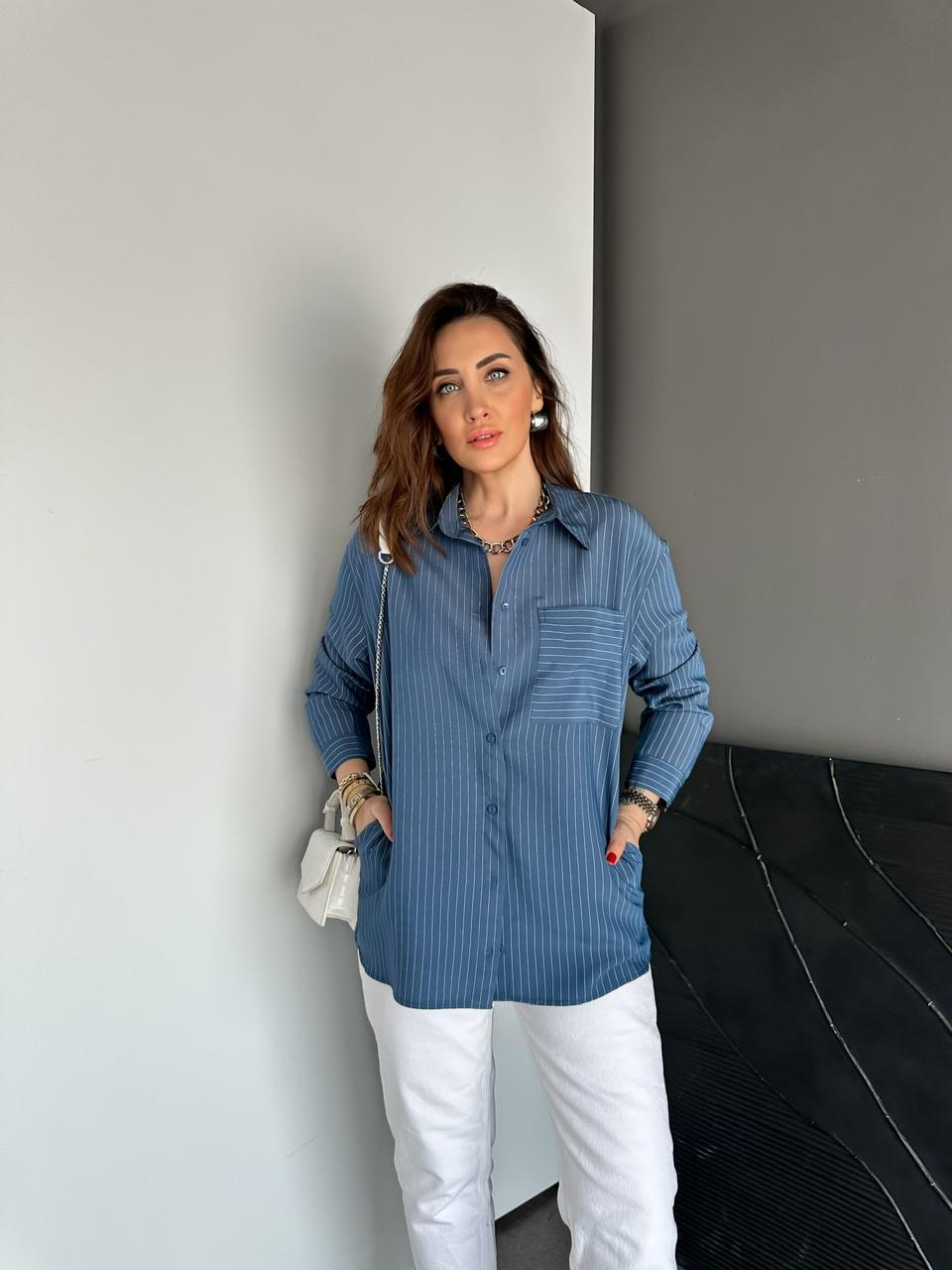Lacivert Çizgili Cepli Basic Gömlek