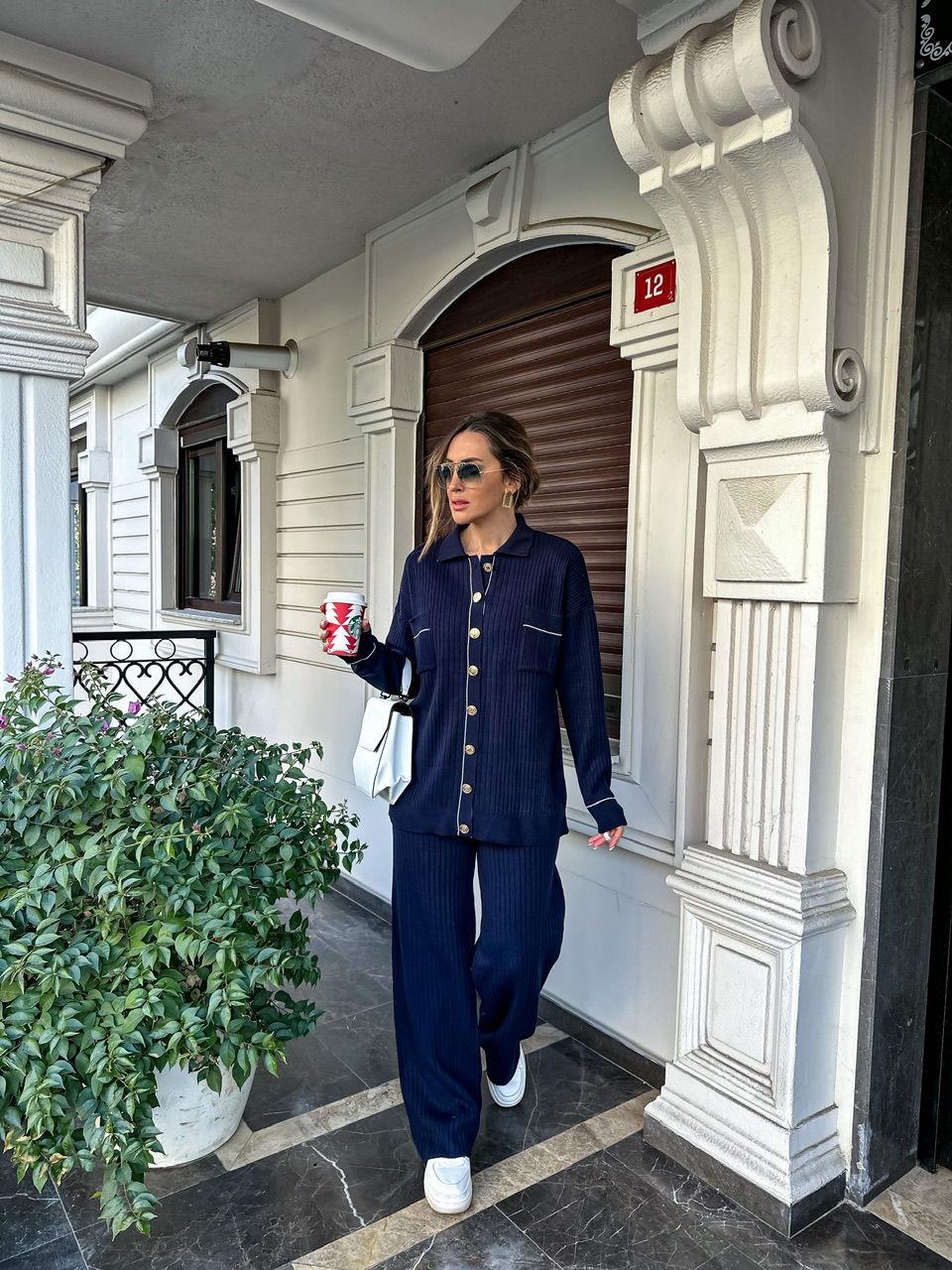 Lacivert Çizgili Cepli Triko Takım