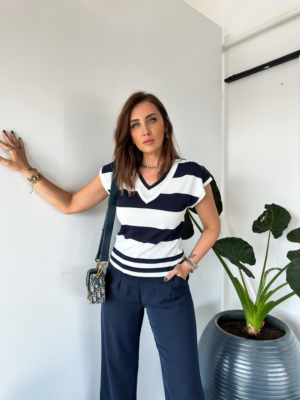 Lacivert Çizgili Çift Yakalı Triko