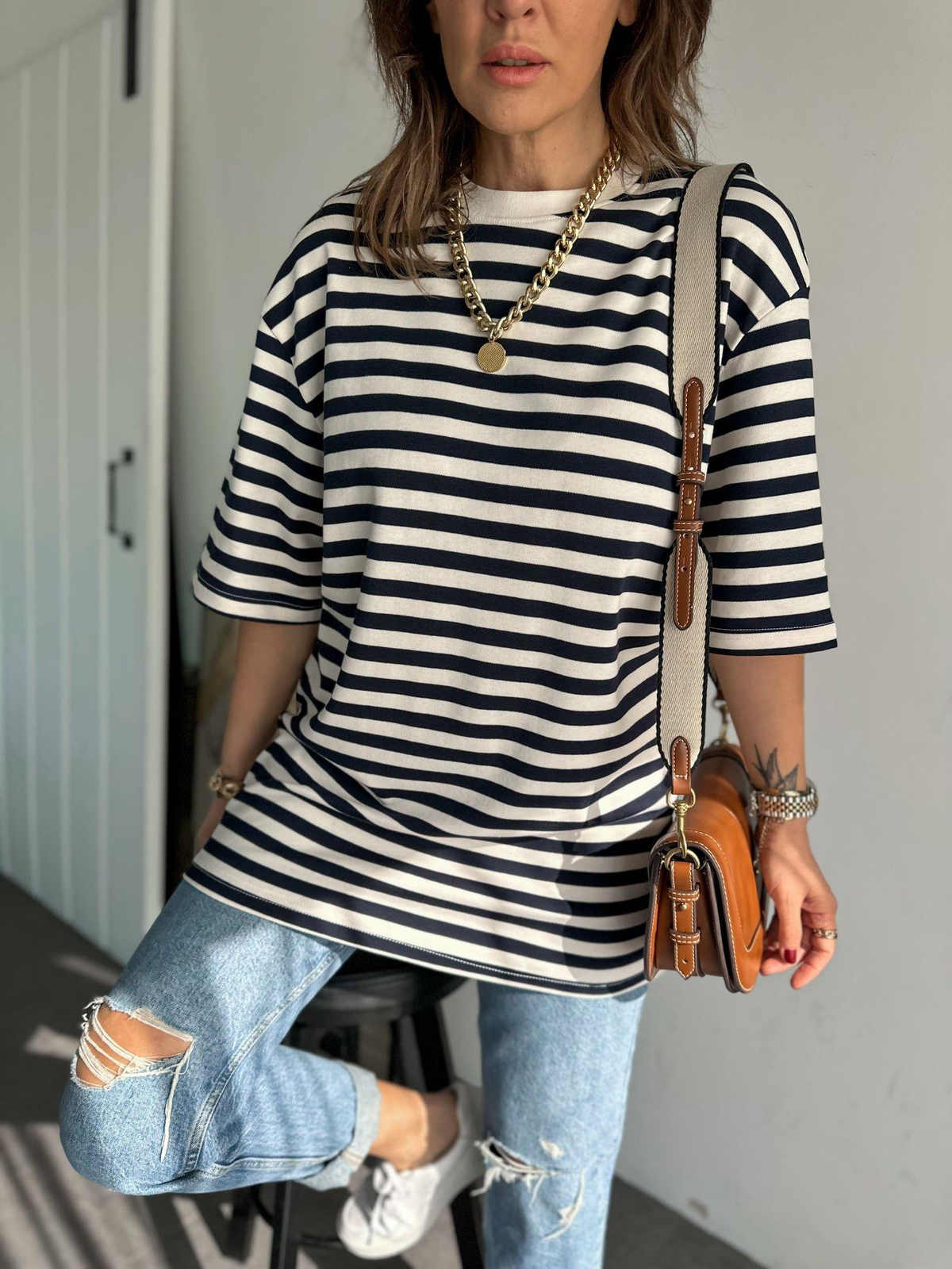 Lacivert Çizgili Cotton Tshirt