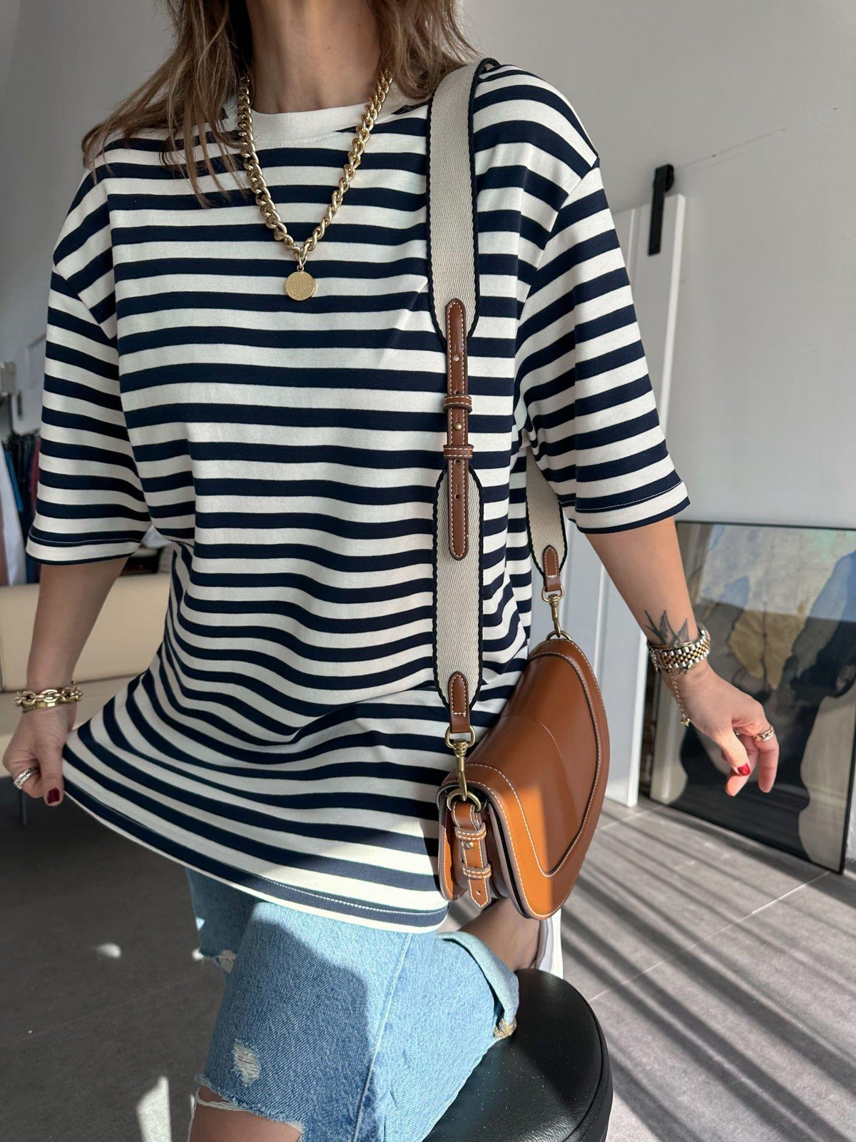 Lacivert Çizgili Cotton Tshirt