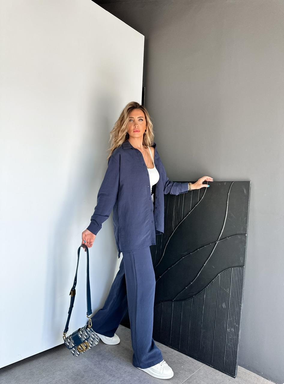 Lacivert Çizgili Gömlek Pantolon Soft Takım